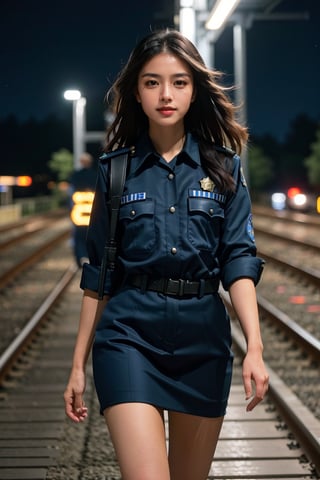 a police girl, 23 years old, (((walking in rail way at night))), (((night:1.3))), modelshoot style, (extremely detailed CG unity 8k wallpaper), photo of the most beautiful artwork in the world, professional majestic (photography by Steve McCurry), 8k uhd, dslr, soft lighting, high quality, (film_grain:1.2), (bokeh, blurry foreground, blurry background), Fujifilm XT3 sharp focus, f 5.6, High Detail, Sharp focus, dramatic, seductive smile, (((sexy police uniform))), (looking at viewer:1.2), (detailed pupils:1.3), (natural light), (medium-long shot:1.3)