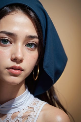 Protrait, photograph, androgynous hunnuman, oval jaw, delicate features, beautiful face, dreadlocked hair, long bangs, long ponytail, bright blue-green eyes, muslim art, Korean