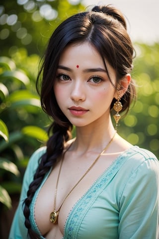 Protrait, photograph, androgynous hunnuman, oval jaw, delicate features, beautiful face, dreadlocked hair, long bangs, long ponytail, bright blue-green eyes, hindu art, Korean