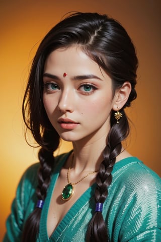 Protrait, photograph, androgynous hunnuman, oval jaw, delicate features, beautiful face, dreadlocked hair, long bangs, long ponytail, bright blue-green eyes, hindu art, Korean acting pornstar 