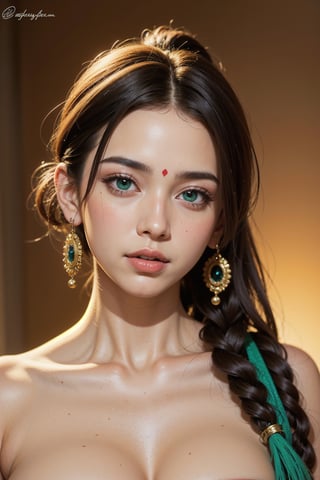 Protrait, photograph, androgynous hunnuman, oval jaw, delicate features, beautiful face, dreadlocked hair, long bangs, long ponytail, bright blue-green eyes, hindu art, Korean acting pornstar 