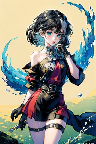 (masterpiece, top quality, best quality, official art, beautiful and aesthetic:1.2), (1girl:1.3), heterochromia, SharpEyess , mismatched gloves, thigh strap,  fantasy background, water,Agoon,Pixel_Art