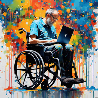 man in wheelchair, clicking in laptop, Made in canvas,  viewer,  Colourful,  ultra realistic,  unreal engine , dripping paint,  side view, man made entirely of coloured paint and splattered with paint,  abstact, ,dripping paint, full shot, full body, background multicolorsjungle