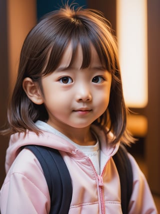 photo r3al, sfw, masterpiece, best quality, extremely detailed, 8k, realistic, japanese little girl, detailed eyes, realistic eyes, cute, (((closed mouth, closeup))), kawaii room, professional photography, natural face, warm lighting, upper body, smirking, standing, bright lighting, kawaii clothes, dimples