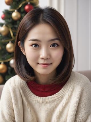 photo r3al, cute asian female, adult, short, 25 years old, facing viewer, looking at viewer, front view, white room, black eyes, small breasts, upper body, masterpiece, photorealistic, hyperdetailed photography, kawaii, christmas themed living room, black eyes, closed mouth, smirking, realistic eyes, detailed eyes, golden silk sweater