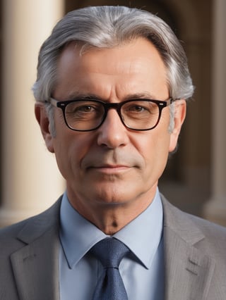 photo r3al, photorealistic, masterpiece, hyperdetailed photography, solo male, gray hair, glasses, 50 years old, best quality, 8k, ultra quality, ultra detailed, closed mouth, warm lighting, soft lighting, (closeup), looking_at_viewer, facing viewer, (((gray suit))), front_view, professor, university