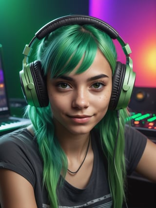 photo r3al, photorealistic, masterpiece, hyperdetailed photography, young woman posing for a picture, green hair, best quality, 8k UHD, 8k, ultra quality, ultra detailed, closed mouth, smirking, warm lighting, full body, smirking, professional photography, natural face, natural beauty, ((((closed mouth)))), dj headphones, dj console