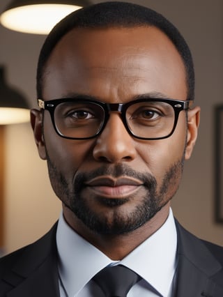 photo r3al, photorealistic, masterpiece, hyperdetailed photography, solo male, glasses, 40 years old, best quality, 8k, ultra quality, ultra detailed, closed mouth, warm lighting, soft lighting, (closeup), looking_at_viewer, facing viewer, black suit, front_view, teacher, black skin, clasroom