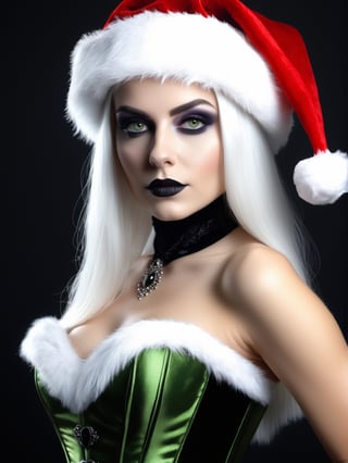 photorealistic, masterpiece, hyperdetailed photography of a beautiful goth woman posing for a picture, (((white hair))), best quality, 8k UHD, 8k, ultra quality, ultra detailed, closed mouth, warm lighting, soft lighting, (((back santa hat))), (((small breasts))), full body, smooth lighting, softbox, smirking, professional photography, black wall background, photoshop_(medium), natural face, natural beauty, front_view, green christmas corset,