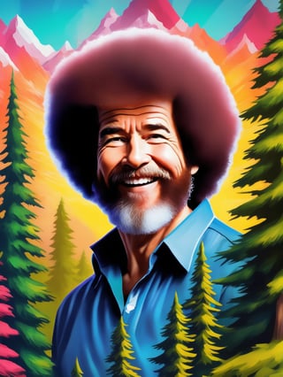 Bob Ross portrait, pine trees, mountains, landscape art, (Bob Ross style), Bold, Digital Painting, Edgy, Colorful, 8K UHD, Intricate Details, sunshine, happy lighting, hyper-realistic details, with digital painting techniques, trending on Artstation, cinematic lighting, psychedelic, psy art, realistic hair, detailed hair, upper body, ,psychedelic