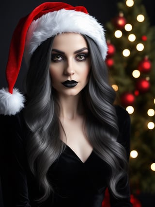 photorealistic, masterpiece, hyperdetailed photography of a beautiful goth woman posing for a picture, long black-gray wavy hair, best quality, 8k UHD, 8k, ultra quality, ultra detailed, closed mouth, warm lighting, soft lighting, (((back santa hat))), (((small breasts))), full body, smooth lighting, softbox, smirking, professional photography, black wall background, photoshop_(medium), natural face, natural beauty, front_view, christmas dress