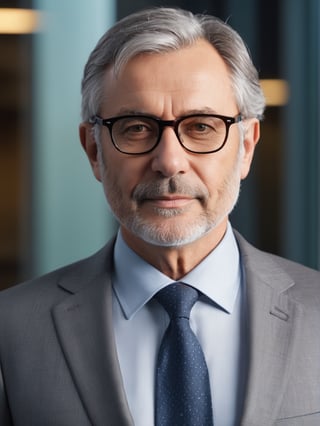 photo r3al, photorealistic, masterpiece, hyperdetailed photography, solo male, gray hair, glasses, 50 years old, best quality, 8k, ultra quality, ultra detailed, closed mouth, warm lighting, soft lighting, (closeup), looking_at_viewer, facing viewer, (((gray suit))), front_view, professor, university