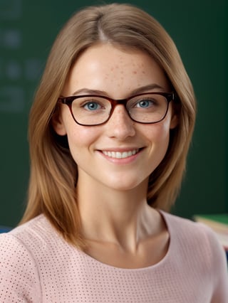 photo r3al, photorealistic, masterpiece, hyperdetailed photography of a plain female teacher posing for a picture, glasses, slightly freckled, best quality, 8k UHD, 8k, ultra quality, ultra detailed, closed mouth, soft lighting, (((small breasts))), smooth lighting, softbox, professional photography, natural face, natural beauty, front_view, (((closeup, upper body, looking at viewer))), (pink lip gloss:0.5), cute smile, detailed eyes, realistic eyes, simple dress, classroom