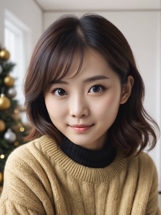 photo r3al, cute asian female, adult, short, 25 years old, facing viewer, looking at viewer, front view, white room, black eyes, small breasts, upper body, masterpiece, photorealistic, hyperdetailed photography, kawaii, christmas themed living room, black eyes, closed mouth, smirking, realistic eyes, detailed eyes, golden silk sweater