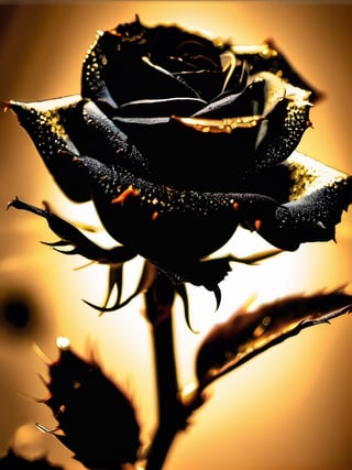 A Beautiful black rose with gold vantablack petals, golden thorns, mystical aura, elegant, rosepunk, thornpunk, dslr photography, wateer droplets on the rose, stunning lighting