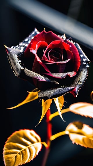 A Beautiful black rose with gold vantablack petals, golden thorns, mystical aura, elegant, rosepunk, thornpunk, dslr photography, wateer droplets on the rose, stunning lighting