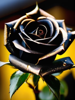 A Beautiful black rose with gold vantablack petals, golden thorns, mystical aura, elegant, rosepunk, thornpunk, dslr photography, wateer droplets on the rose, stunning lighting