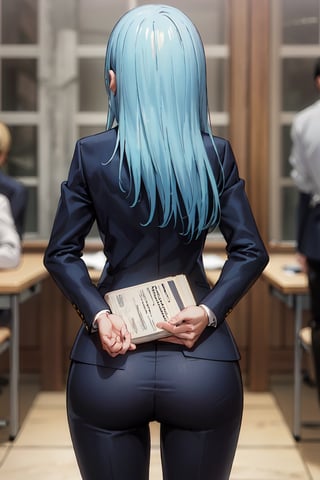  Girl pick up book that fell on the floor,wearing black suits, pants,((best quality)),  ((highly detailed)), perfect anatomy, masterpiece,scenery,intricately detailed, hyperdetailed, blurry background, depth of field, best quality, masterpiece, intricate details, tonemapping, sharp focus, hyper detailed, high 1res,in old class room ,from behind