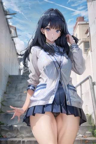 female high-school student, (high-school uniform),long-sleeve,  (((Navy blue Long skirt))), ((middle black hair)), fancy heavy eye , large Thigh, school stair ,high-quality, masterpiece, ultra-detailed from behind, big hip,panties,ultra-detailed fingers 