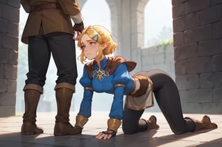 Pull down black pants, Man kneeling from behind woman, Woman Crawling floor, all fours,crying, (score_9, score_8_up, score_7_up),masterpiece, high-quality,perfect anatomy, expressive eyes, perfect face,((background is dark dungeon)) ,zelda\(princess\),Blonde hair, short hair, crown braid, hairclip, pointy ears, brown cape, blue shirt, puffy sleeves, long sleeves, fingerless gloves, black gloves, black pants, tight pants ,from side,woman looking man