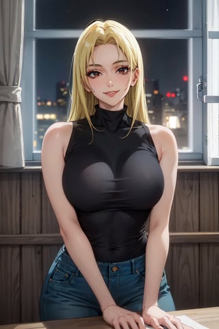 ,((best quality)),((highly detailed)), perfect anatomy, masterpiece,scenery,intricately detailed, hyperdetailed, blurry background, depth of field, best quality, masterpiece, intricate details, tonemapping, sharp focus, hyper detailed, high 1res, ((at night)),((in old room),Yuki Tsukumo,grinning,blonde long hair,makeup,sleeveless turtleneck,slim denim long pants, 