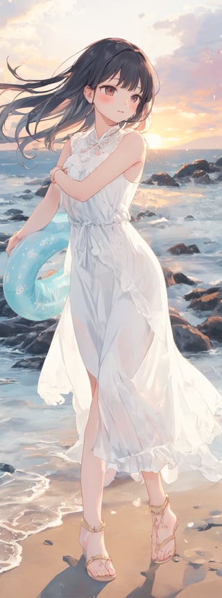 Title: "Whispers of Summer's Farewell"

As September unfolds, the landscape undergoes a gentle transformation, bidding farewell to the warmth of summer in a delicate dance of nature's beauty. The scene is reimagined with a poetic touch, capturing the essence of a season in transition with a blend of serenity and nostalgia.

A figure stands gracefully, dressed in a flowing white gown adorned with intricate frills that flutter in the autumn breeze. Her bare feet touch the floor lightly, a symbol of connection to the earth and the changing seasons. A soft smile plays on her lips, reflecting the bittersweet emotions of a summer coming to an end.

In her hand, she holds a woven bag, a simple yet elegant accessory that complements her ensemble with a touch of rustic charm. Nearby, an innertube rests against the sand, a symbol of carefree days spent by the water's edge, now a silent reminder of memories made under the sun.

The backdrop of the beach serves as a canvas for the scene, where the gentle lull of the waves whispers tales of summer's embrace and the promise of new beginnings. The soft glow of the setting sun paints the sky in hues of gold and pink, casting a warm light over the landscape and enveloping it in a sense of tranquility.

Each detail in the composition is crafted with care, from the delicate frills of the dress to the subtle patterns in the sand left by the tide. The figure's sandals, worn and weathered from days of adventure, tell a silent story of journeys taken and moments cherished.

As the last rays of sunlight caress the scene, a feeling of contentment and peace settles over the beach, like a gentle embrace from a dear friend. The transition from summer to autumn is captured in this moment of quiet beauty, where the past and the future meet in a harmonious blend of memories and dreams.
Authored by kyo8sai, this magnificent creation stands as a testament to the artist's creative prowess and was brought to life on 2024-09-02.The painting is signed 'kyo8sai' on the edge.
"Whispers of Summer's Farewell" is a visual ode to the changing seasons, a reminder that every ending carries the promise of a new beginning. In this serene and poignant scene, the beauty of nature's cyclical dance is celebrated, inviting the viewer to pause, reflect, and embrace the passage of time with grace and gratitude.