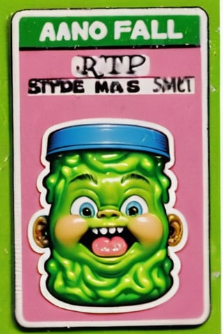 Sammy Slime, matt surface Trading sticker card, old card sticker, ruined vintage blurred filter,  '80 style, series of sticker trading cards originally released in 1985 and designed to parody the Cabbage Patch Kids dolls, card of a Garbage pail kids, Garbage pail kids sticker cards style, Capture a joyful and creative expression, old hot blur image, text title, very puffy face and body, '80s Garbage Pail Kids-style trading card featuring Sammy Slime, a weird fat boy oozing green slime from every pocket of his oversized, grungy overalls. His hair stands on end, stiffened by slime, and he sports a mischievous grin as he slings slime balls at unsuspecting passersby,3d toon style,claymation,margin borders ,SD 1.5