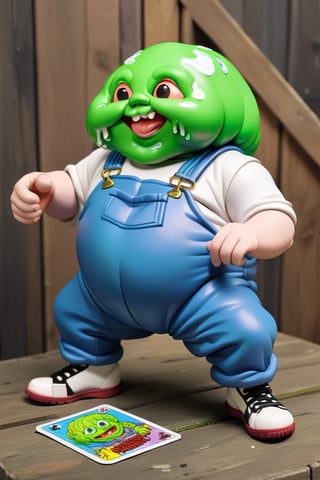 Sammy Slime, Create an '80s Garbage Pail Kids-style trading card featuring Sammy Slime, a fat boy oozing green slime from every pocket of his oversized, grungy overalls. His hair stands on end, stiffened by slime, and he sports a mischievous grin as he slings slime balls at unsuspecting passersby,APEX colourful ,3d toon style,claymation