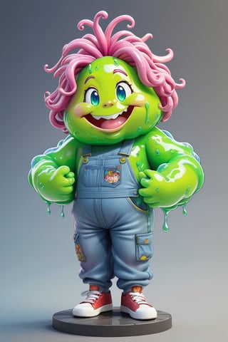 Sammy Slime, Create an '80s Garbage Pail Kids-style trading card featuring Sammy Slime, a boy oozing green slime from every pocket of his oversized, grungy overalls. His hair stands on end, stiffened by slime, and he sports a mischievous grin as he slings slime balls at unsuspecting passersby,APEX colourful ,3d toon style