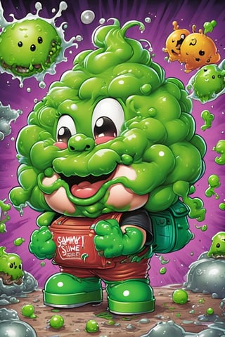 Sammy Slime, Create an '80s Garbage Pail Kids-style trading card featuring Sammy Slime, a boy oozing green slime from every pocket of his oversized, grungy overalls. His hair stands on end, stiffened by slime, and he sports a mischievous grin as he slings slime balls at unsuspecting passersby