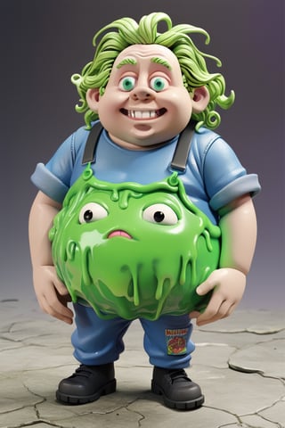 Sammy Slime, Create an '80s Garbage Pail Kids-style trading card featuring Sammy Slime, a fat boy oozing green slime from every pocket of his oversized, grungy overalls. His hair stands on end, stiffened by slime, and he sports a mischievous grin as he slings slime balls at unsuspecting passersby,APEX colourful ,3d toon style,claymation