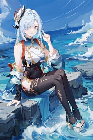 shenhe(genshin impact), bare shoulders, hair over one eye, 1girl, ribbed sweater, blue background, black footwear, sleeveless sweater, blue eyes, hair ornament, pantyhose, high heels, shorts, solo, white hair,  large breasts, legs, sitting, sleeveless, simple background, skirt, long hair, looking at viewer,masterpiece, best quality,scenery, nswf , Sitting on a reef by the sea ,Deep blue and dark  sky ,Looking from top to bottom