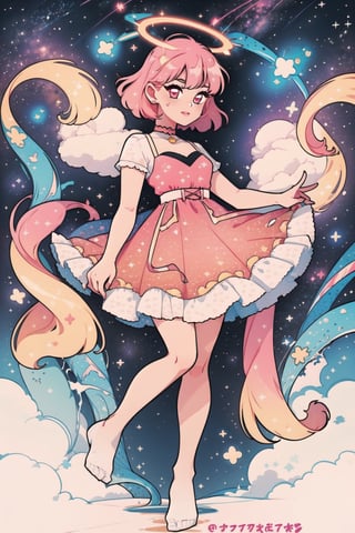 1 girl, beautiful space girl, pink hair, Halo of light stars, floating in a galaxy, dancing, short lolita dress, full_body, no shoes, black feet