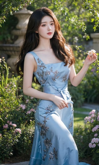 In the heart of an enchanted garden, a woman with cascading curls of midnight black tends to the flowers with gentle care. Her skin is as pale as the petals she lovingly tends, and she wears a simple dress of azure blue, tied with a sash of silver that glimmers in the sunlight.