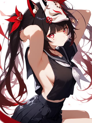 ass,1girl,side boob,nsfw, beautiful detailed eyes,upper body,score_9,sparkle \(honkai star rail\),1girl,fox mask,solo,twintails,looking at viewer,bare shoulders,mask on head,no sleeves,black chokerkneeling, arms behind head, seiza,solo,looking at viewer,flower,score_9, cat ears,red eyes,black serafuku,black sailor collar,white neckerchief,black shirt,short sleeves,pleated skirt,black skirt, white background, simple background