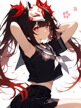 ass,1girl,side boob,nsfw, beautiful detailed eyes,upper body,score_9,sparkle \(honkai star rail\),1girl,fox mask,solo,twintails,looking at viewer,bare shoulders,mask on head,no sleeves,black chokerkneeling, arms behind head, seiza,solo,looking at viewer,flower,score_9, cat ears,red eyes,black serafuku,black sailor collar,white neckerchief,black shirt,short sleeves,pleated skirt,black skirt, white background, simple background