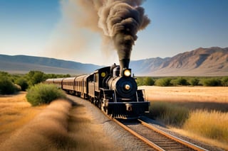 cinematic view, a turn of the century locomotive coming towards viewer, black smoke, mountains in the background on a beautiful sunny day, tall prairie grass on either side of the train tracks, Medium Angle, camera settings ISO 150, Shutter speed 3seconds, Aperture f/6, intricately detailed,  dramatic, Masterpiece, HDR, beautifully shot, hyper-realistic, sharp focus, 64 megapixels, perfect composition, high contrast, cinematic, atmospheric, Ultra-High Resolution, amazing natural lighting, crystal clear picture, Perfect camera focus, photo-realistic