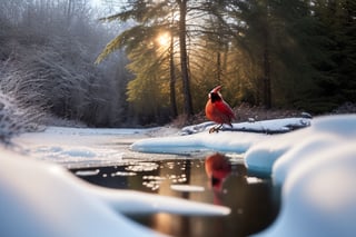 a cardinal and a blue jay sitting in a spruce tree, the ground and trees are covered in a light dusting of snow and ice, the sun is shining and a stream nearby is covered in ice, Medium Angle, full body glamor shot, camera settings ISO 150, Shutter speed 3seconds, Aperture f/6, intricately detailed,  dramatic, Masterpiece, HDR, beautifully shot, hyper-realistic, sharp focus, 64 megapixels, perfect composition, high contrast, cinematic, atmospheric, Ultra-High Resolution, amazing natural lighting, crystal clear picture, Perfect camera focus, photo-realistic
