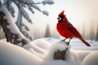 A majestic cardinal perches amidst a winter wonderland, nestled in the branches of a towering spruce tree. The surrounding landscape is blanketed in a delicate layer of snow and ice, glistening warmly under the sun's gentle rays. Medium angle, full-body glamour shot captures every feathered detail. Camera settings: ISO 150, Shutter speed 3 seconds, Aperture f/6. HDR, hyper-realistic, and crystal-clear, with perfect composition, high contrast, and cinematic quality.