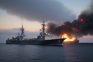 Glamor shot,  Two WWII era battleships engaged in a naval battle with smoke billowing from cannon fire and flames visible on both ships, at sunrise  intricately detailed,  dramatic, Masterpiece, HDR, beautifully shot, hyper-realistic, sharp focus, 64 megapixels, perfect composition, high contrast, cinematic, atmospheric, Ultra-High Resolution, amazing natural lighting, crystal clear picture, Perfect camera focus, photo-realistic