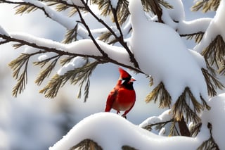 A majestic cardinal perches amidst a winter wonderland, nestled in the branches of a towering spruce tree. The surrounding landscape is blanketed in a delicate layer of snow and ice, glistening warmly under the sun's gentle rays. Medium angle, full-body glamour shot captures every feathered detail. Camera settings: ISO 150, Shutter speed 3 seconds, Aperture f/6. HDR, hyper-realistic, and crystal-clear, with perfect composition, high contrast, and cinematic quality.