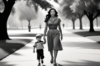 black and white photo, 1950's, beautiful woman with long brown hair,  walking hand in hand  with her son through a park, Medium Angle, full body glamor shot, camera settings ISO 150, Shutter speed 3seconds, Aperture f/6, intricately detailed,  dramatic, Masterpiece, HDR, beautifully shot, hyper-realistic, sharp focus, 64 megapixels, perfect composition, high contrast, cinematic, atmospheric, Ultra-High Resolution, amazing natural lighting, crystal clear picture, Perfect camera focus, photo-realistic