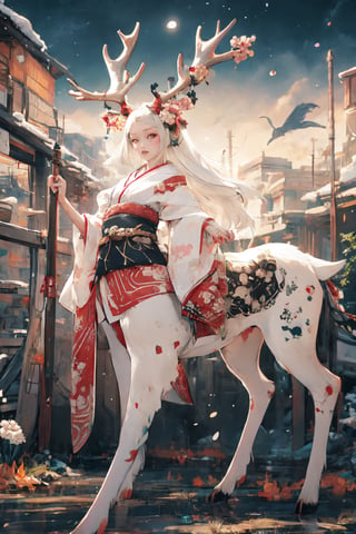 female_solo,centau,albino demon girl, curvaceous, masterpiece, breasts, defined, happy,moose antlers,Alabasta
_skin, glow, golden_eyes, white_hair, long_hair,  clear face,traditional Japanese fashion,
 flawless, flawless face, centaur, taur, 4 legs,3va,deer ear,dark fantasy,utsukushi