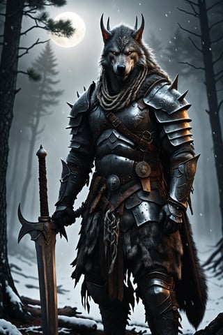 Werewolf warrior in Viking attire,wolf face, massive greatsword resting on shoulder, fur-trimmed leather armor, Norse runes on blade, standing amidst ancient pine forest, misty atmosphere, moonlight filtering through branches, glowing amber eyes, wolf-like features, battle-scarred, muscular physique, braided beard, iron helmet with horns, snow-covered ground, distant howling, photorealistic style, dramatic lighting,LegendDarkFantasy,kawaii knight,cyborg,royal knight,werewolf