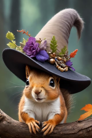 From beneath the brim of the witch's hat, a cute wild squirrel peeks out, its tiny face framed by the hat's enchanting adornments. With bright, curious eyes and twitching whiskers, it adds a whimsical touch to the mystical scene, embodying the playful spirit of nature amidst the magic of the witch's hat.,a1sw-InkyCapWitch