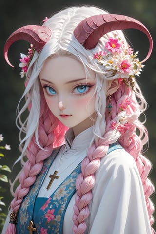 albino Demon Girl, (long intricate horns:1.2),Beautiful nordic girl, a nun adorned in a colorful and stunning floral-patterned habit,(pink wimple),
colorful scapulae,Cross,
Very long braided hair,colorful braided hair,radiating vibrancy and life.,Her attire exudes warmth and kindness, spreading serenity like a blooming garden. With elegant grace, ,mizuki shiranui,aesthetic portrait,ktrmkp,Realistic Blue Eyes,tlps,ct-niji2