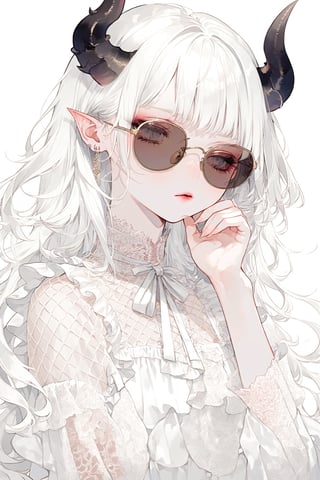 Shoujo manga style,1 girl, albino demon girl, (long intricate horns:1.2),with lethargic sleepy smokey eyes,(pure white 
long hair),(sunglasses.),luxury mesh fishnet blouse,