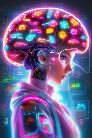 a white woman,with a very distinctive and stylized neon brain,that is designed to look like a brain filled with logos, transparent logos, of car brands, food brands, clothing brands, technology brands, beverage brands, computer brands, publishing brands, the logos are distributed throughout the brain and perfectly fused. This elaborate design comes in what appears to be a neon shade that contrasts with the person's light complexion. The individual has defined facial features, with a strong jaw, prominent cheekbones, and deep-set eyes,she wears a jacket with neon designs that echo the brain's neon theme.