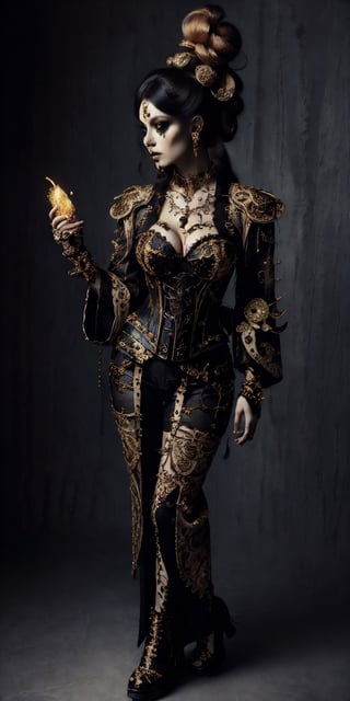 Nordic cute girl,In a fantasy European world, a healing mage, traditional Japanese and gothic punk fashion,elegance of kimono,necromancer,edgCorset,glowing gold