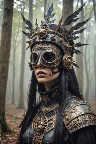 shaman head CROWN,(Wearing ww1 military gasmask),woman dressed as a witch standing in the woods, a portrait, tumblr, gothic art,Corps paint face, thorn crown, beautiful female god of death,style,LegendDarkFantasy,bl1ndm5k